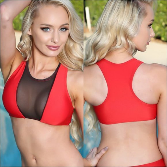 Red High Neck Mesh Cut Out Racerback Crop Bikini - Picture 4 of 7